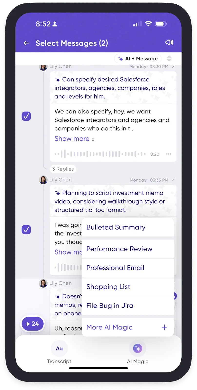 Selecting several messages to run one AI Action across them