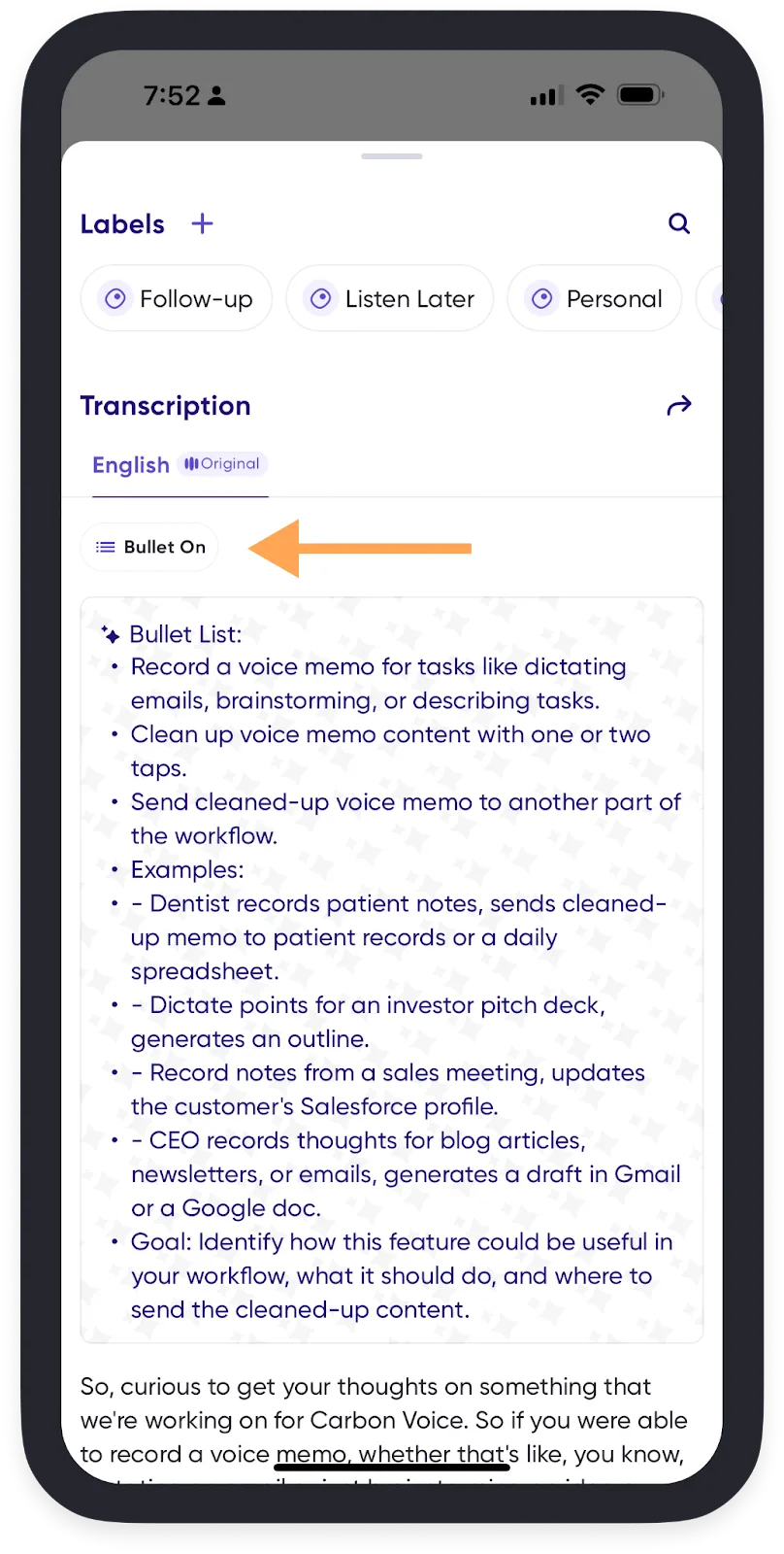 A voice message converted into bullet points