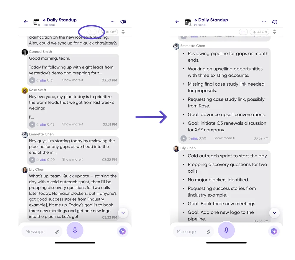 A conversation with every message displayed as a bulleted summary