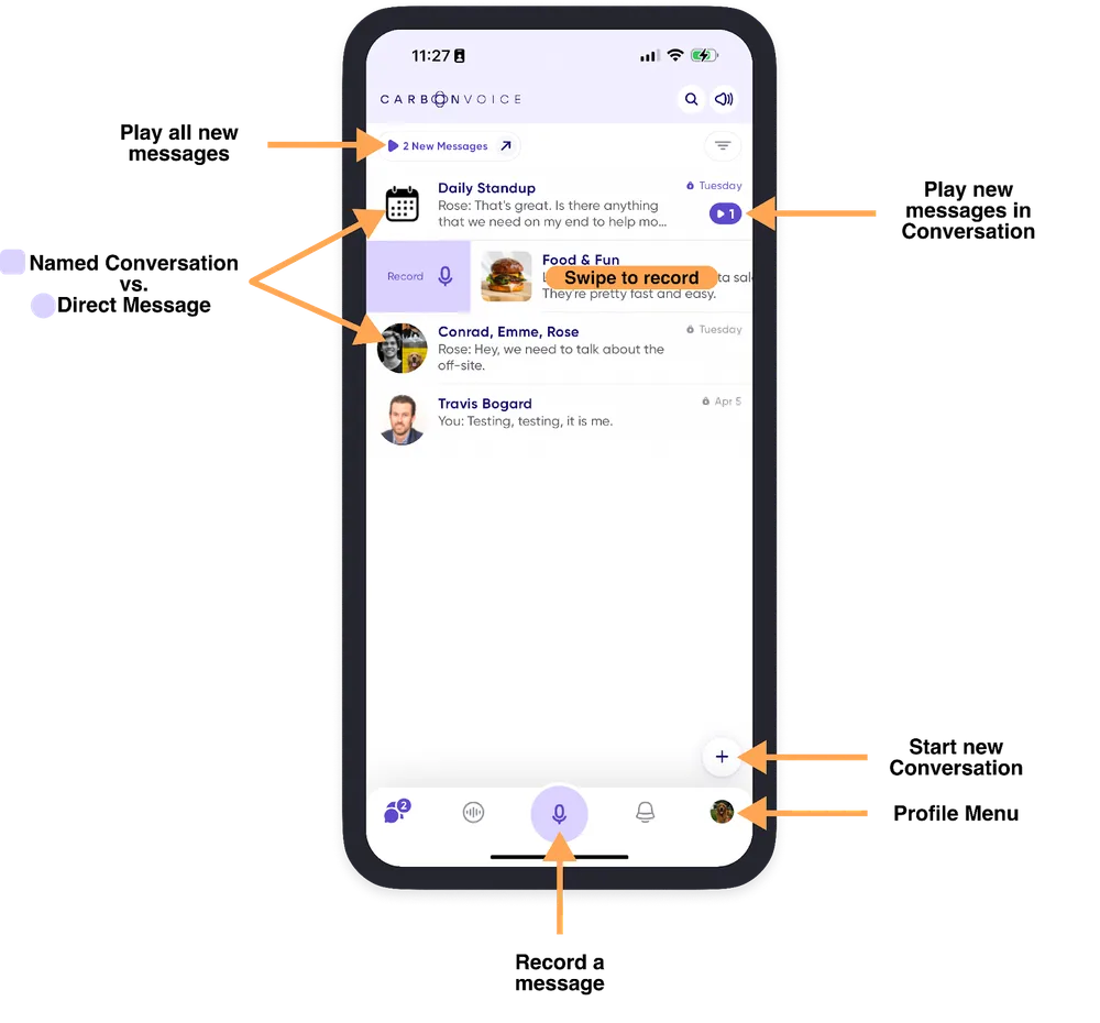 The redesigned Carbon Voice home screen with the record button front and center