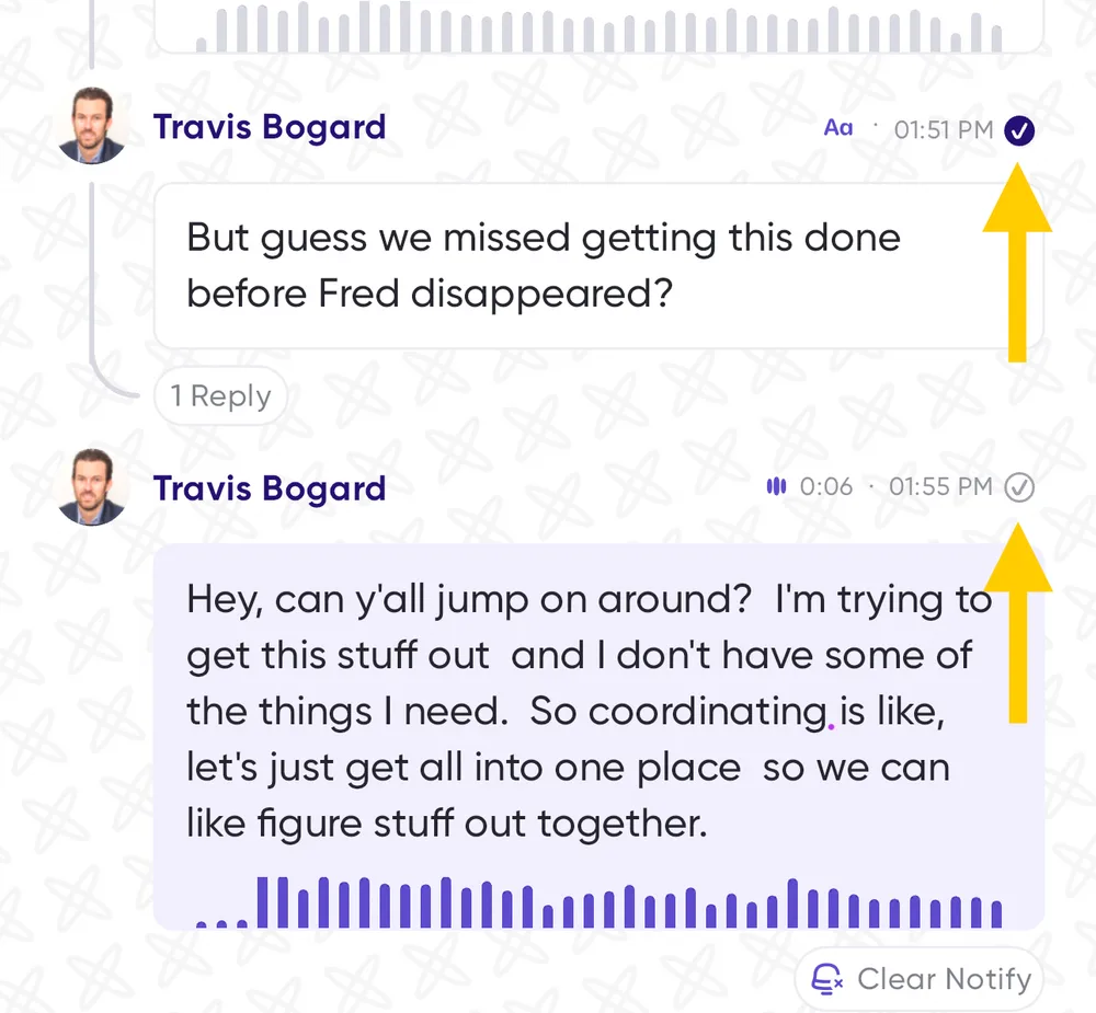 Gray and purple check marks beside messages in a conversation