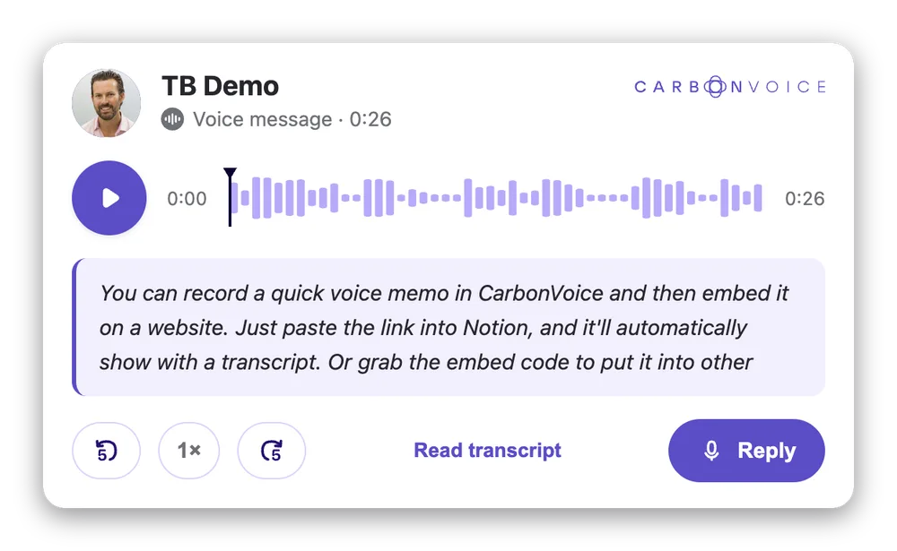 An embedded voice message with its transcript on a web page