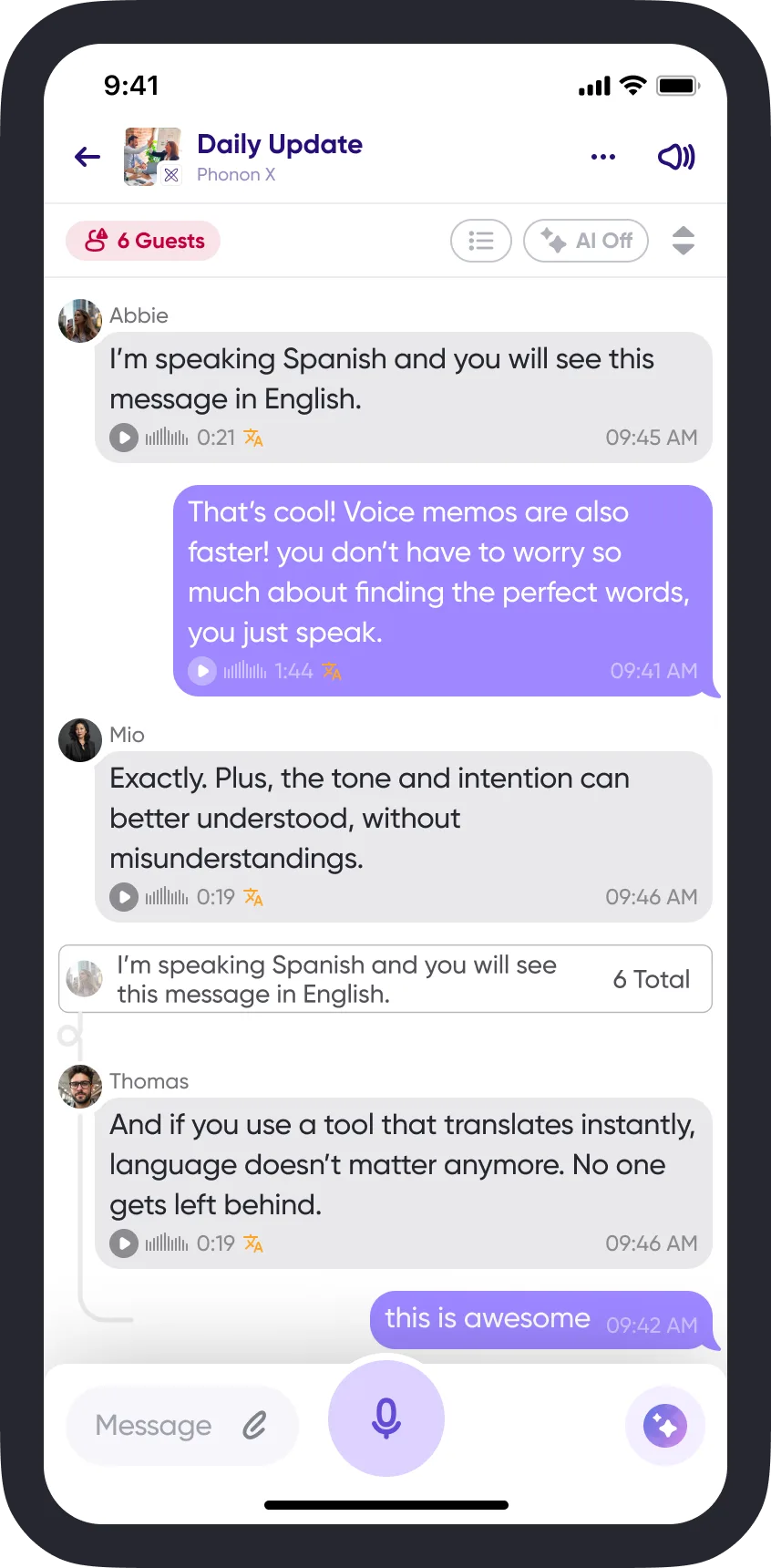 The redesigned conversation view with sent messages shaded purple on the right