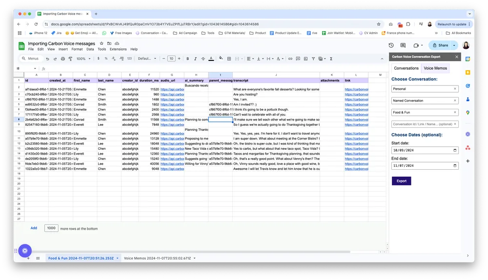 The Carbon Voice add-on importing messages into a Google Sheet