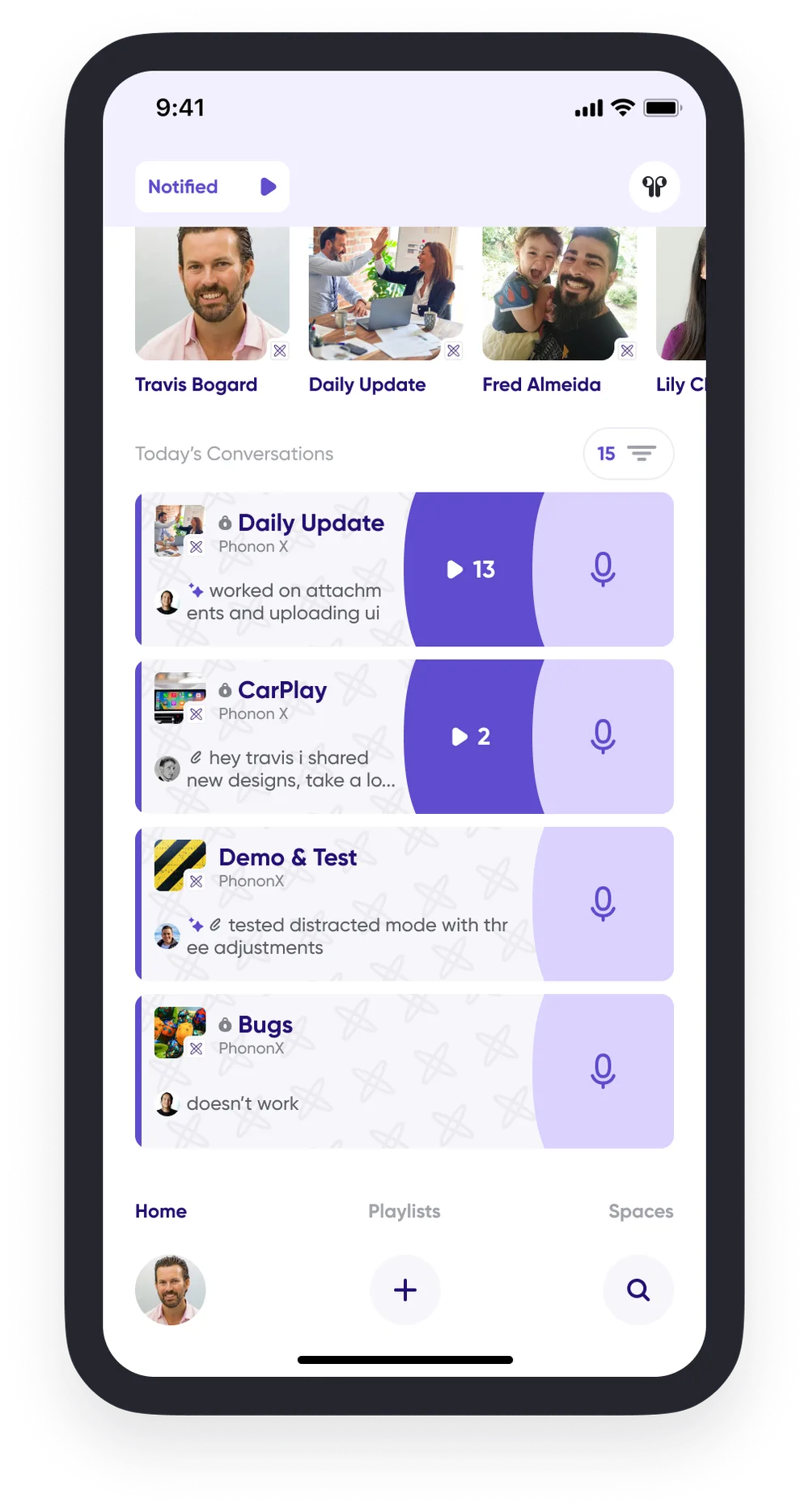 Conversation cards on the home screen showing message previews
