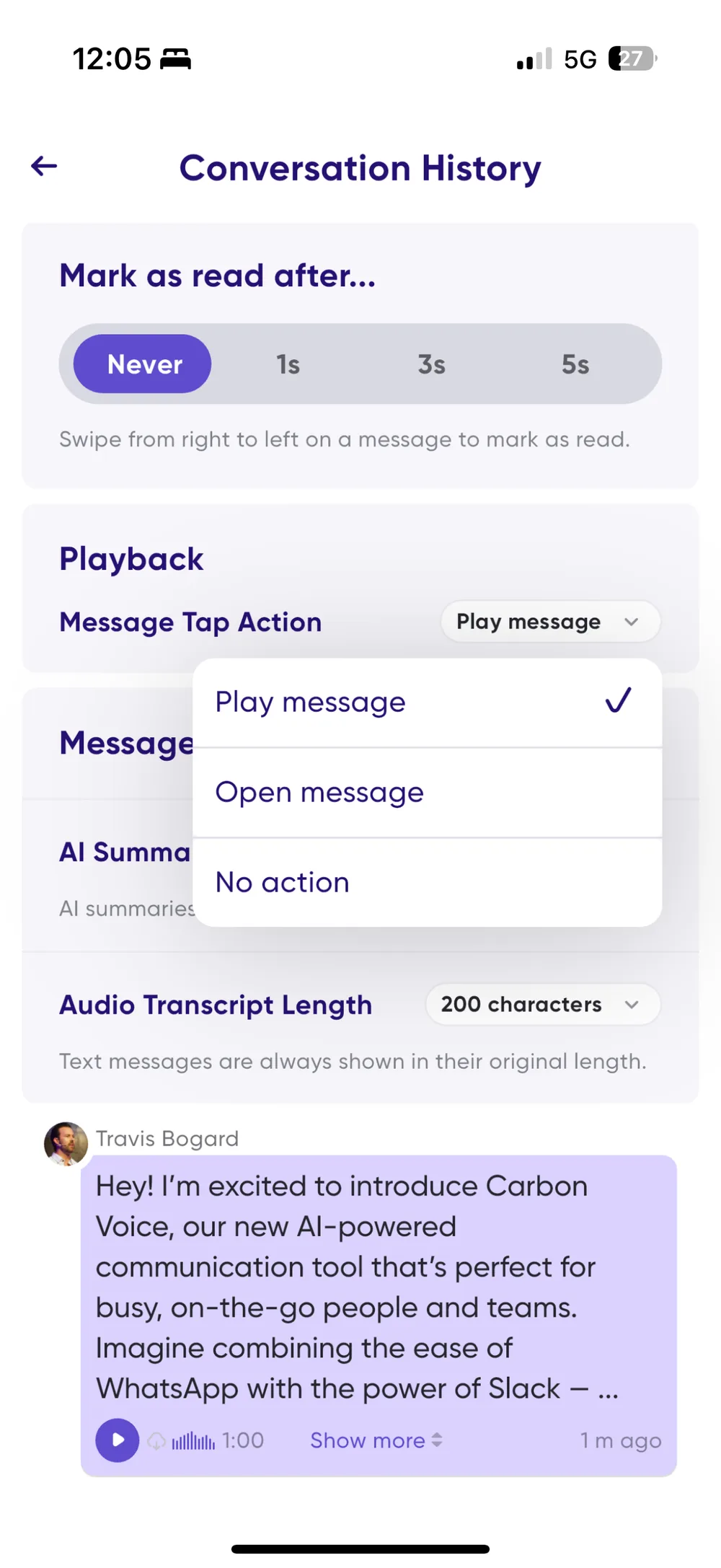 The play button in the lower left of an audio message card
