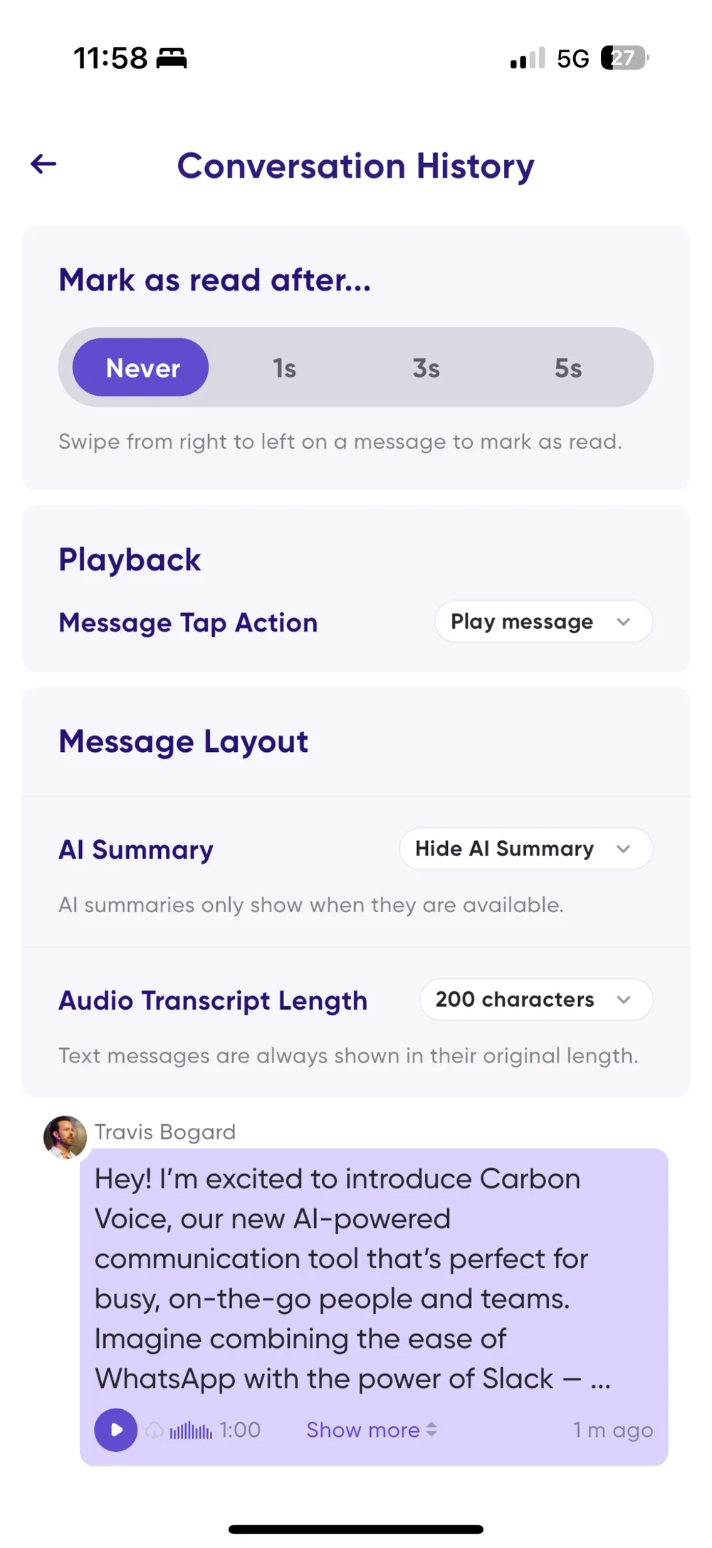 The Message Tap Action setting