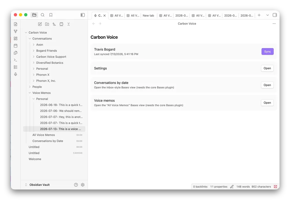 An Obsidian vault with Carbon Voice conversations, people, and voice memos synced into it