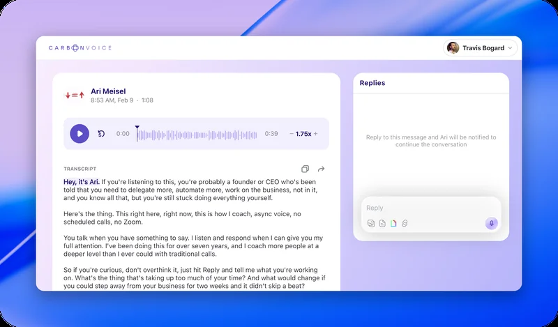 A shared voice memo with playback, transcript, and a reply panel
