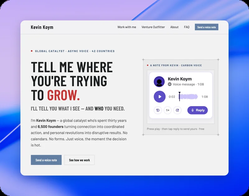 Kevin Koym's site with an embedded voice memo and a reply button