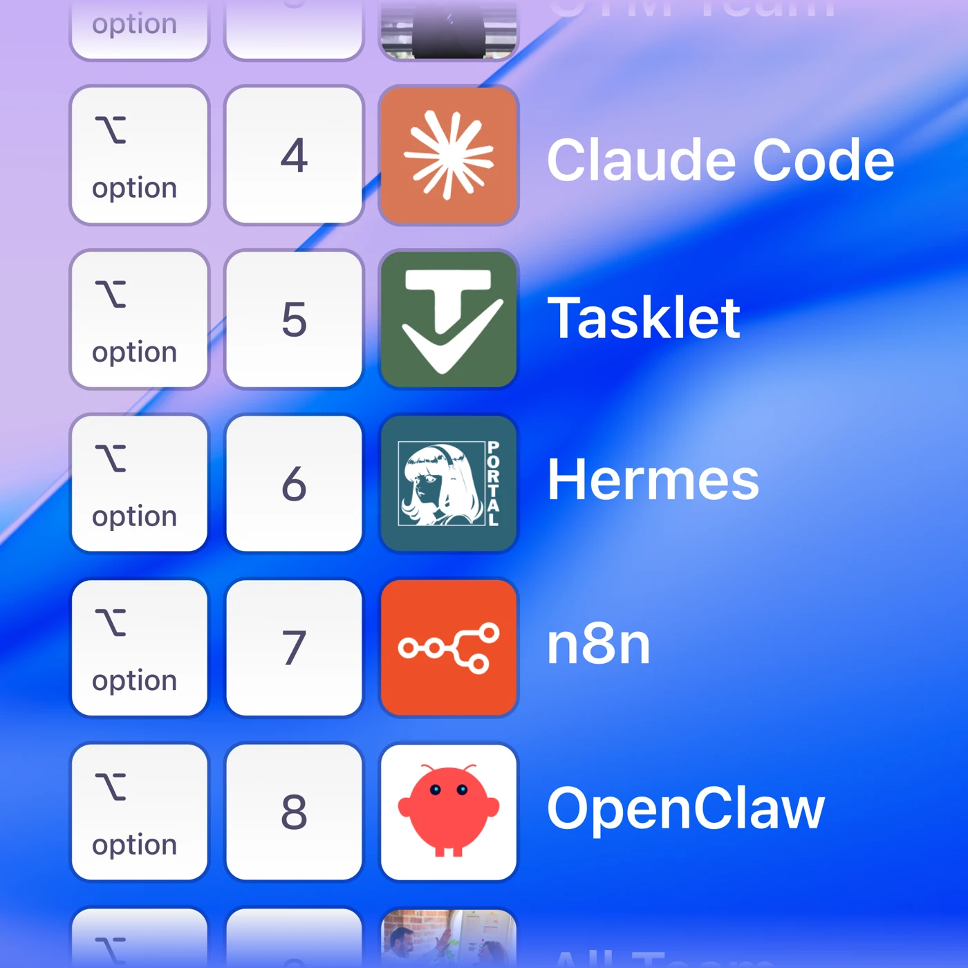 Speed dial slots bound to Claude Code, Tasklet, Hermes, n8n and OpenClaw