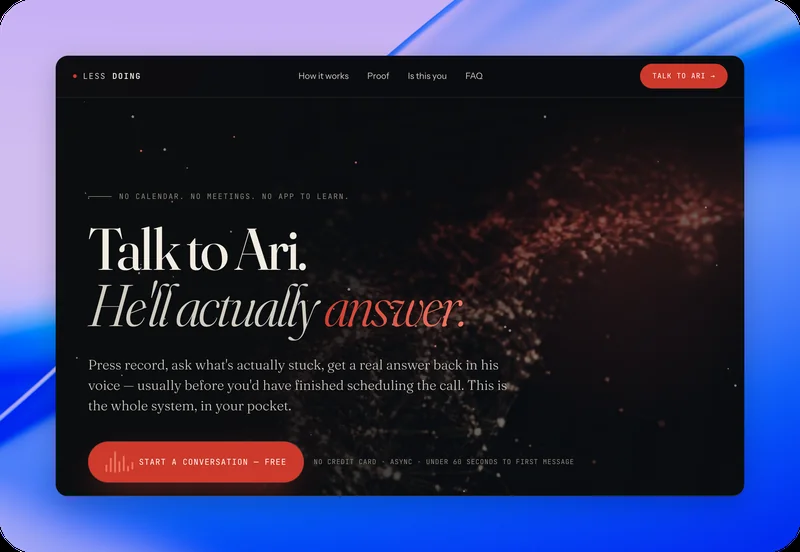 Ari Meisel's site, leading with a voice message instead of a booking link