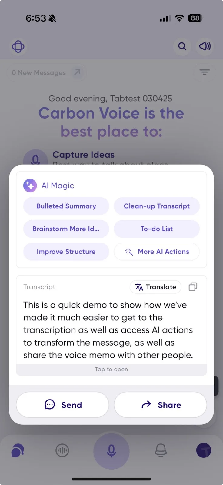 The voice memo ready screen with one-tap sharing options