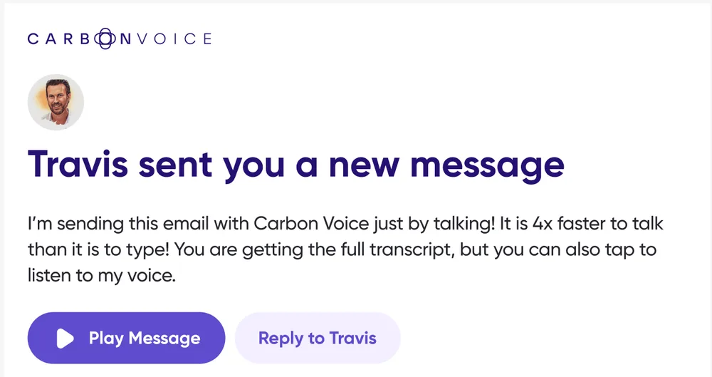 A Carbon Voice message as it arrives in an email inbox