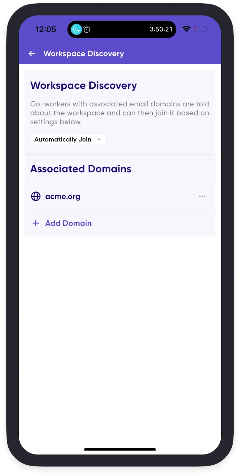 Workspace discovery settings for a connected company domain