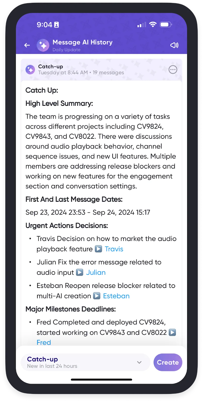 AI catch-up summary of a conversation's message history