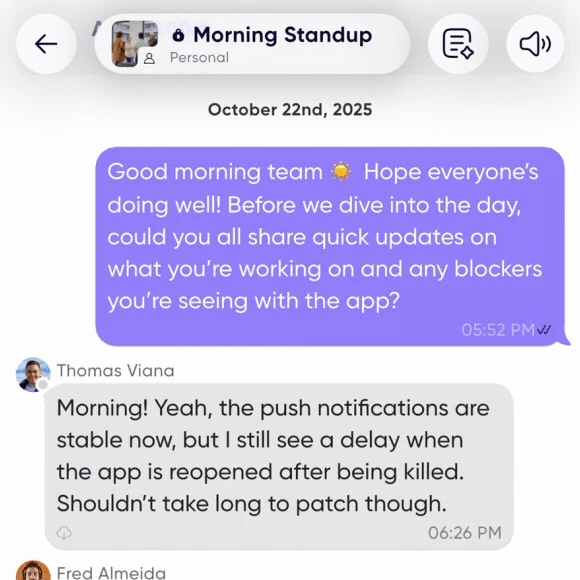 A reminder posting the morning stand-up prompt into a conversation