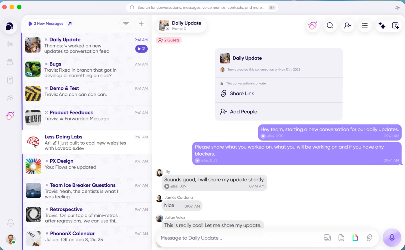 Carbon Voice on desktop, showing the navigation sidebar, the conversation list, and an open conversation