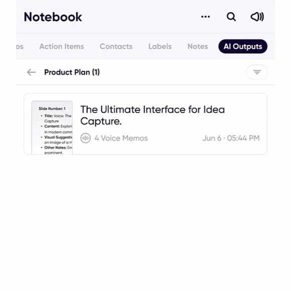 The Notebook, showing a saved AI output generated from four voice memos