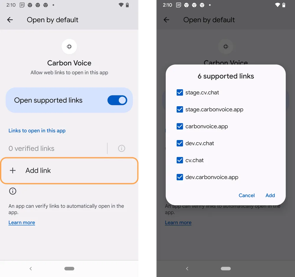 Android link defaults