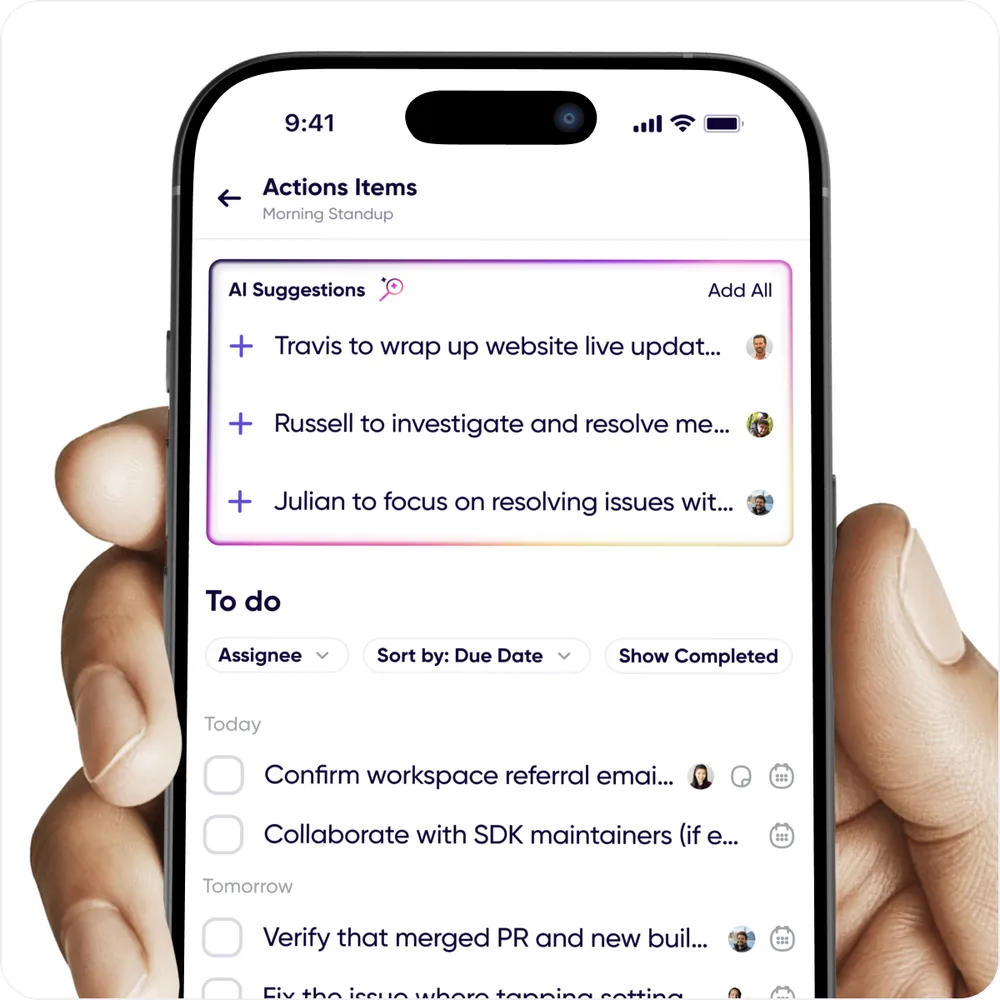 Action items for a conversation, with AI suggestions above the to-do list
