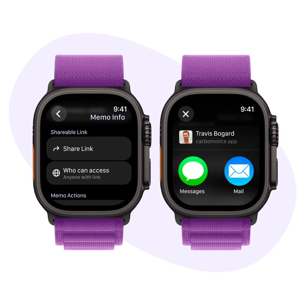 Sharing options for a memo recorded on the Watch