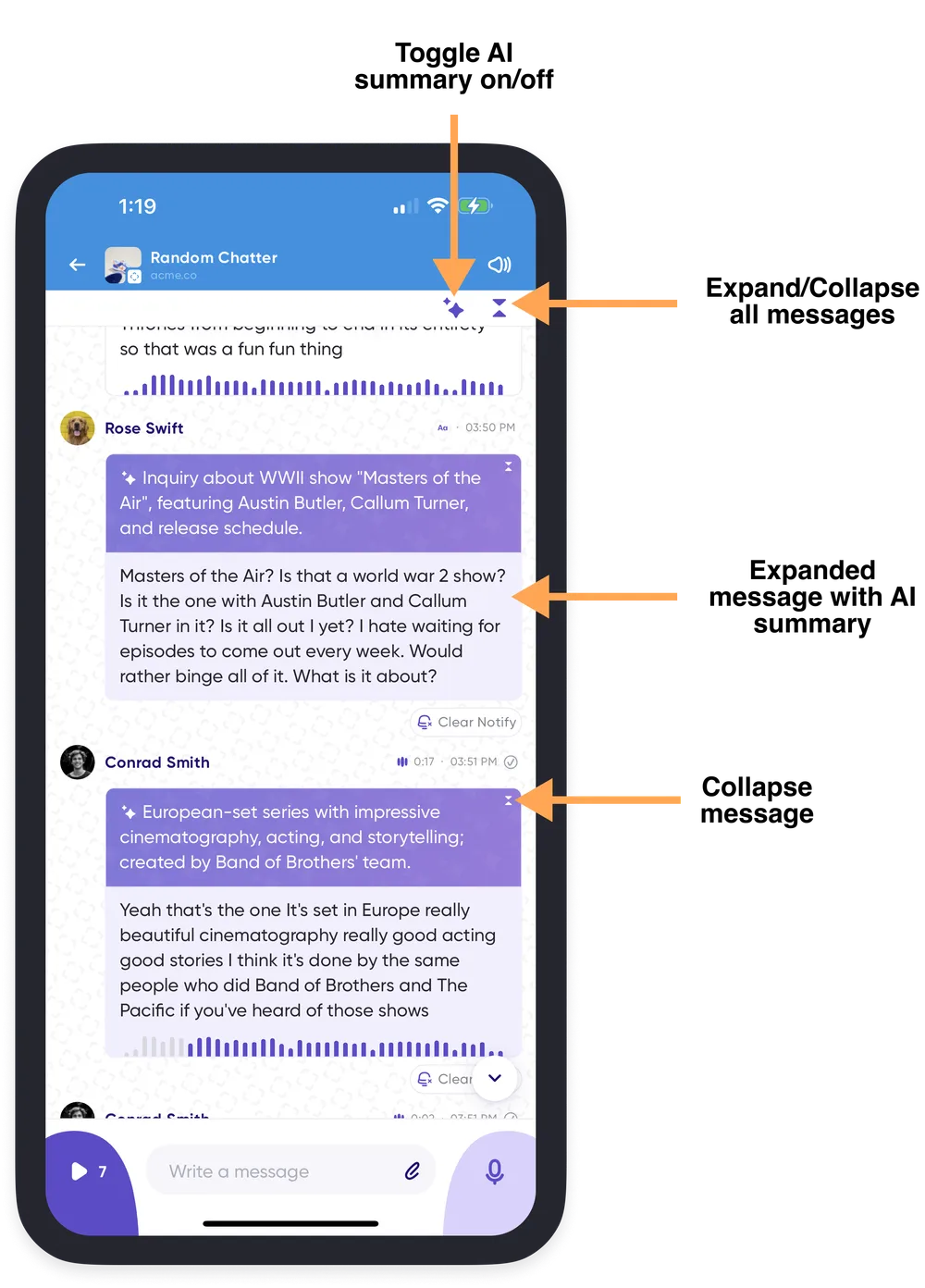 The expanding arrows on a message card revealing its full transcript