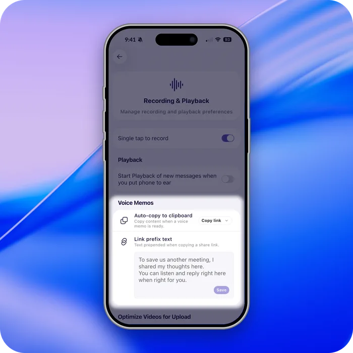 A shareable link copied automatically after recording a voice memo