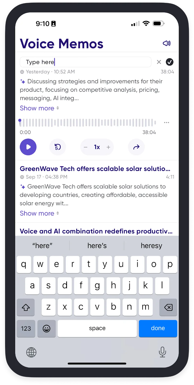 A list of voice memos with auto-generated titles